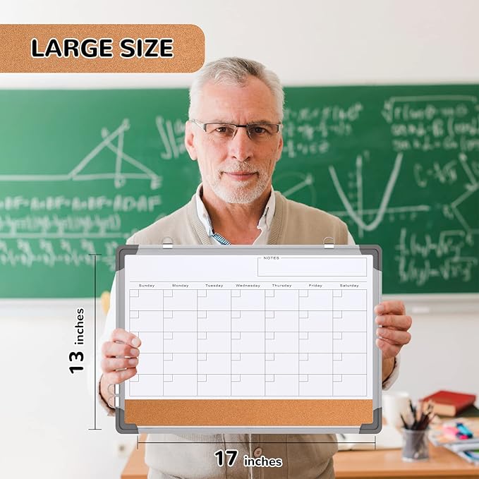Monthly Calendar Whiteboard Dry Erase Cork Board Combination for Wall, 17"x13" Magnetic Dry Erase Board, Double-Sided White Board, Portable Board for Office, Kitchen, Planning, Memo, School, Home-DeskLoop Office
