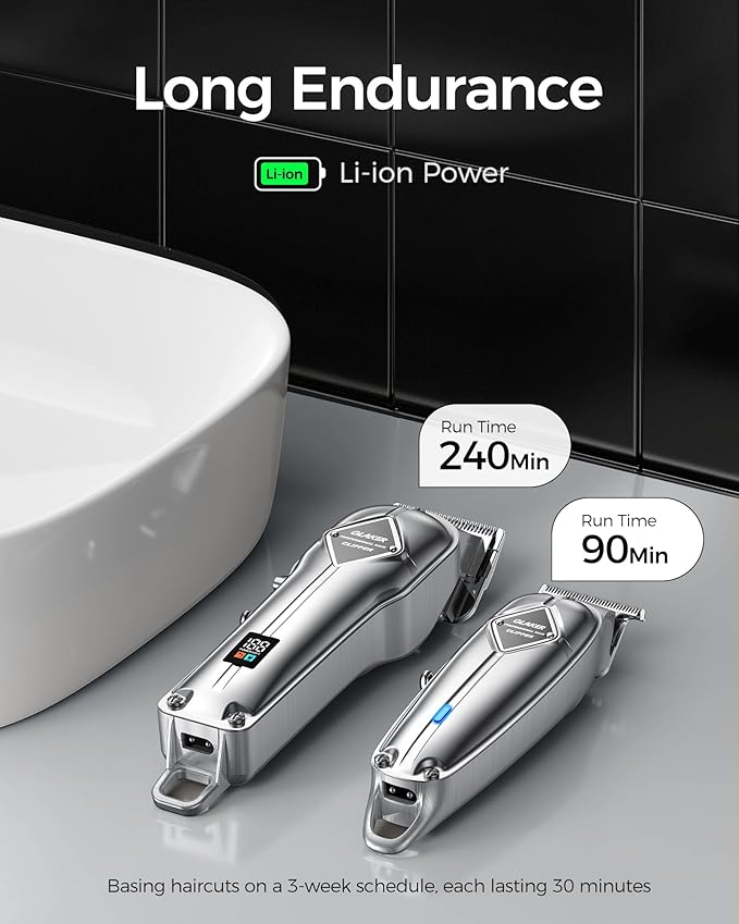 GLAKER Hair Clippers for Men Professional - Cordless Clippers and Trimmers Set, Complete Barber Kit for Hair Trimming & Beard Grooming, Mens Haircutting Kits for Blending & Fade Cuts (Silver)-DeskLoop Office