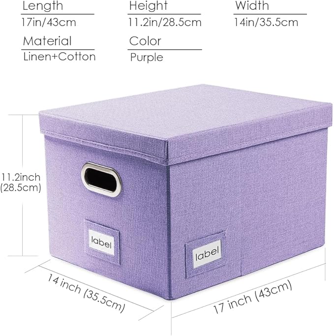 PRANDOM File Organizer Box - Set of 4 Collapsible Decorative Linen Filing Storage Hanging File Folders with Lids Office Cabinet Letter/Legal Size Purple 17.1x14x11.1 inch-DeskLoop Office