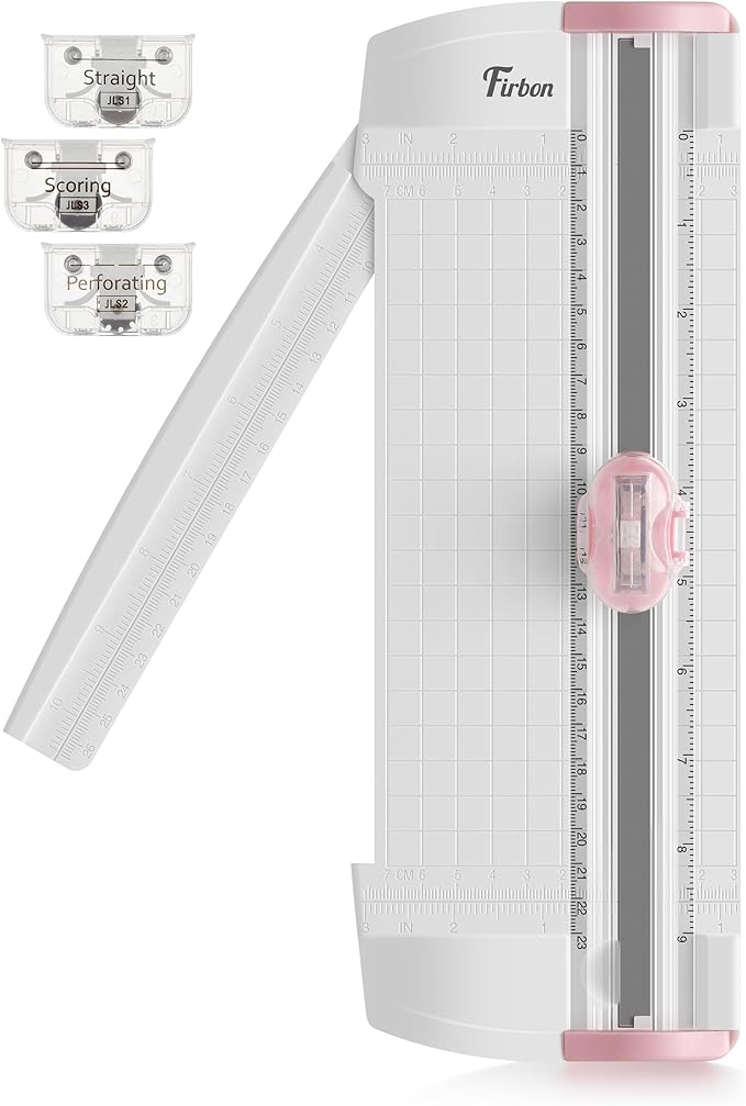 Firbon 3-in-1 Paper Cutter, 9" Compact A5 Paper Trimmer with Straight Cut, Scoring & Perforating Blades for Cardstock, Scrapbooking, Crafting, Labels & Home Office (Pink)-DeskLoop Office