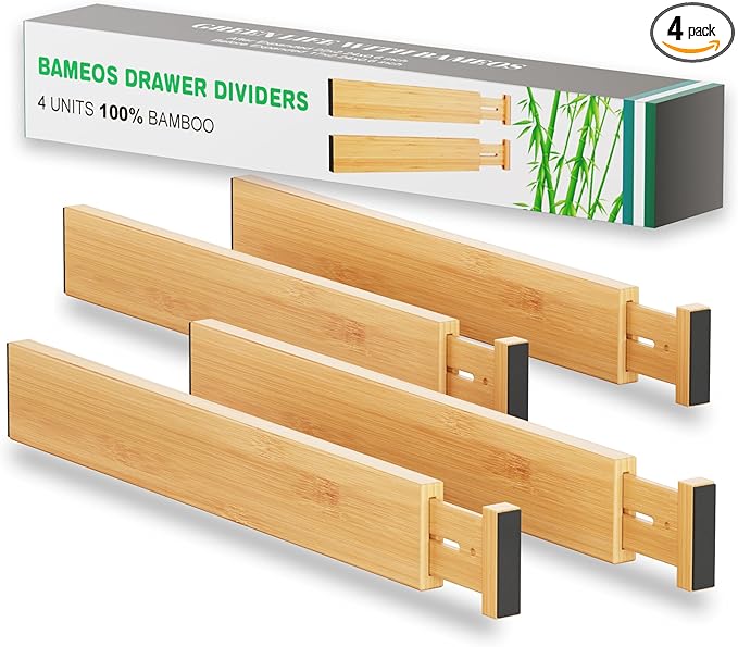 BAMEOS Drawer Dividers kitchen Organization Bamboo Utensil Organizers for Kitchen Bedroom Bathroom Dresser Office 4-pack-DeskLoop Office