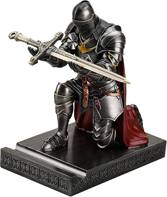 Medieval Armored Warrior Wearing Outerwear, Mobile Phone Stand Knight Pen Holder Desk Organizers, Resin Bookends Paperweight with a Letter Opener for Desk (Iron)-DeskLoop Office