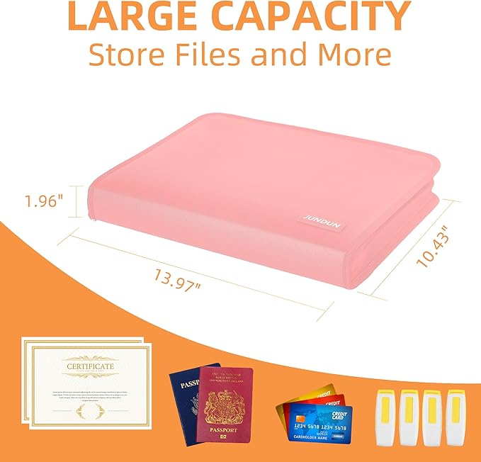 JUNDUN Accordion File Organizer - Fireproof Accordion Folder with Zipper & Labels - 12 Pocket Expanding File Folder with Multi-Pockets Paper Organizer Folder for Letter A4 Files and More (Pink)-DeskLoop Office