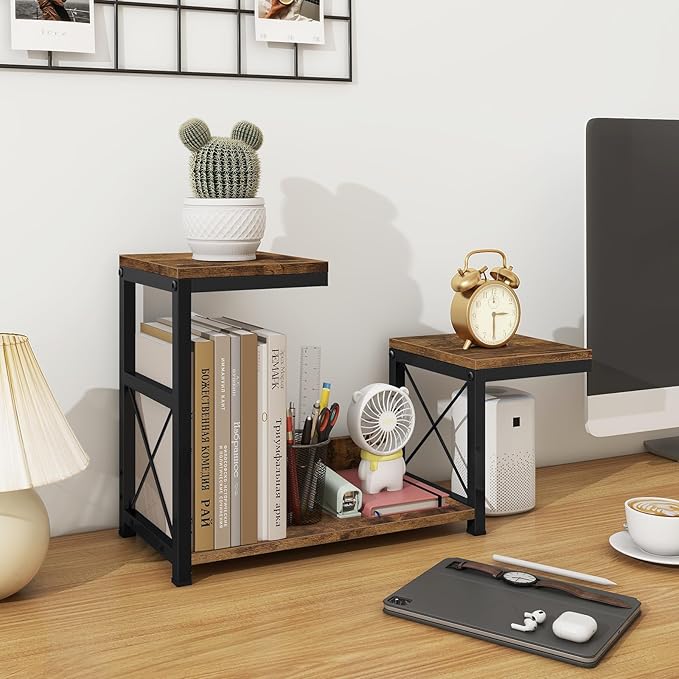 ELITEROO Desktop Shelf Organizer, 3 Tier Office Shelves, Wood Desk Organizers Storage Rack and Freestanding Display Shelf for Office, Dormitory, Home, Rustic Brown-DeskLoop Office