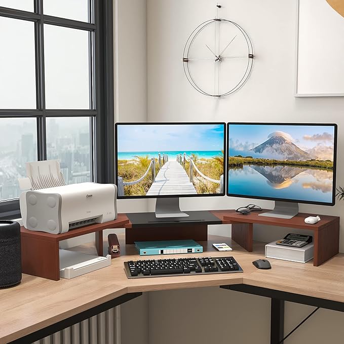 WESTREE Triple Monitor Stand Riser - Extra Long, Adjustable Length & Angle, 3 Shelf Desktop Storage for 1-3 Monitors-DeskLoop Office