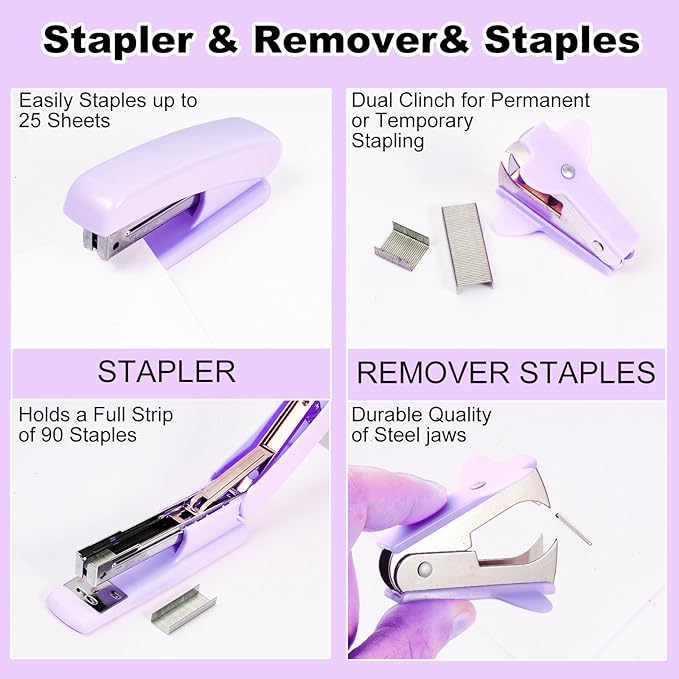 Purple Desk Organizers and Accessories 10Pcs Set with 360-Degree Rotating Pen Holder, Tape Dispenser, Stapler, Staple Remover, 1000 Staples, Tape, Clips Set, Ruler, Scissor, Pen (Purple)-DeskLoop Office
