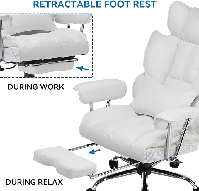 Efomao Big and Tall Office Chair 400lbs – High Back PU Leather Executive Chair with Lumbar Support, Footrest, Swivel Base, Padded Armrests, and Rolling Wheels for Home Office, White Computer Chair-DeskLoop Office