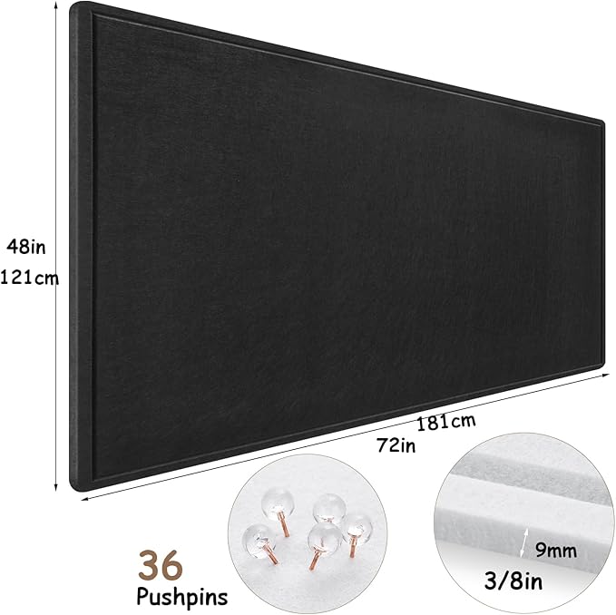 Large Bulletin Board, Foldable 72x48 Inches Cork Board Alternative, Large Felt Board Decorative Pin Board for Wall, Foldable Photo Board Self-Adhesive Vision Board with 36 Pushpins Black-DeskLoop Office