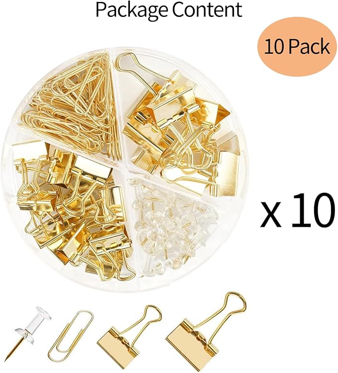 10 Pack, Gold Paper Clips and Binder Clips Set, Metal Assorted Sized Binders with Push Pins, Cute Gold Office Supplies for Desk, Desk Accessories-DeskLoop Office