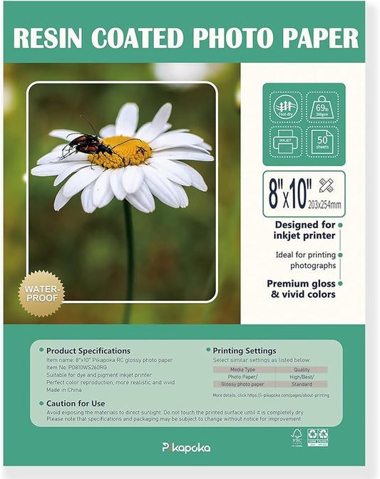 Ultra-Premium Glossy RC Photo Paper, Professional and Heavyweight Metallic Resin Coated Photo Paper, Pigment and Dye Inkjet Printer Suitable, Waterproof, 8x10, 50 Pack-DeskLoop Office