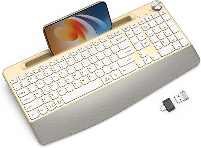 Ergonomic Wireless Keyboard with Wrist Rest-Low-Profile,Phone/Tablet Holder,Quiet Design,Windows & Mac OS,Full Size Cordless USB Computer Keyboard for Desktop,Laptop, PC, Mac, Windows-Gold