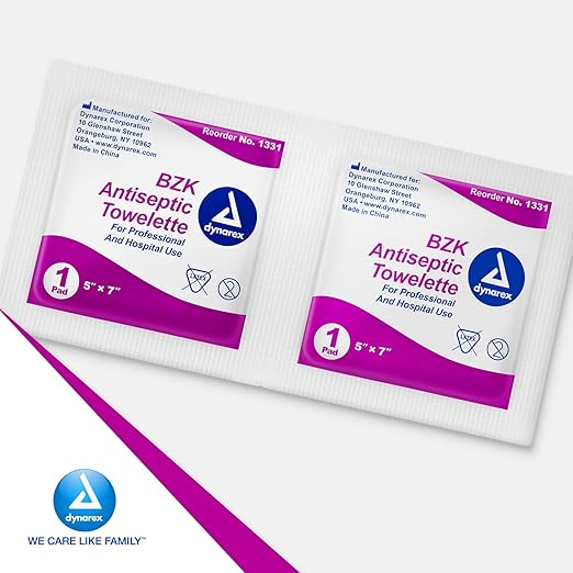 Dynarex BZK Antiseptic Towelettes - 5"x7" - Benzalkonium Chloride, Hand Sanitizing Wipes or First Aid Wound Wipes, 1 Case of 1000 (Packaging May Vary)-DeskLoop Office