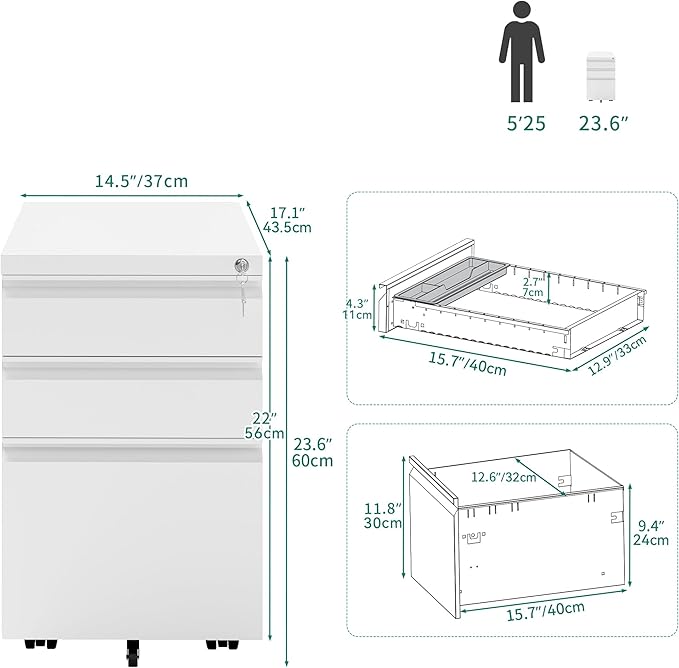 YITAHOME 3-Drawer Vertical File Cabinet, Mobile Metal Filing Cabinet with Lock for Legal/Letter Size, Pre-Built Office Storage File Cabinet Except Wheels Under Dese, White-DeskLoop Office