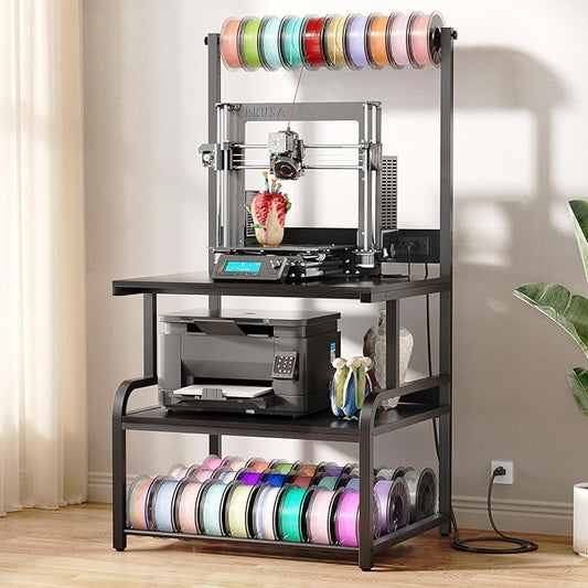Homieasy Printer Stand with Charging Station, 29.1" x 22.8" Large 3D Printer Table with Filament Storage, Heavy Duty Rolling Printer Cart with 4-Tier Storage for Workshop/Office/Garage, Black-DeskLoop Office