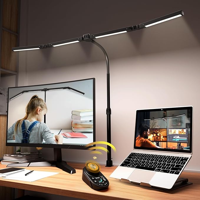 Adjustable LED Desk Lamp – Stepless Dimming & Color Temp Remote Control, Eye-Caring 4 Large Bright Light Souce for Home Office, Gooseneck, Clamp Base, 5 Lighting Modes for Reading, Computer, DIY-DeskLoop Office