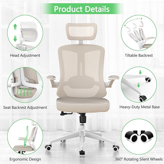 Desk Office Chair, Ergonomic High Back Comfy Computer Chairs with Wheels, Swivel Gaming Home Mesh Chair Comfortable Lumbar Support, Comfy Arms for Study, Home,Bedroom(Khaki)-DeskLoop Office