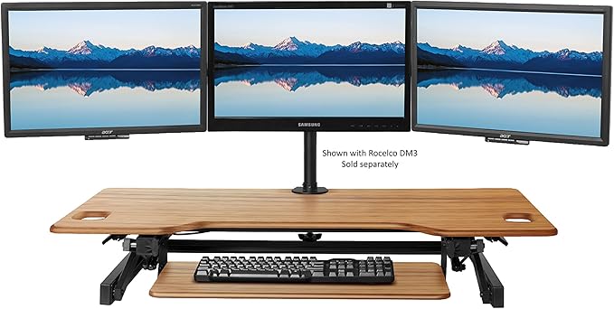 Rocelco 46" Large Height Adjustable Standing Desk Converter with Double Monitor Mount BUNDLE - Sit Stand Up Computer Workstation Riser - Retractable Keyboard Tray - Teak Wood Grain (R DADRT-46-DM2)-DeskLoop Office