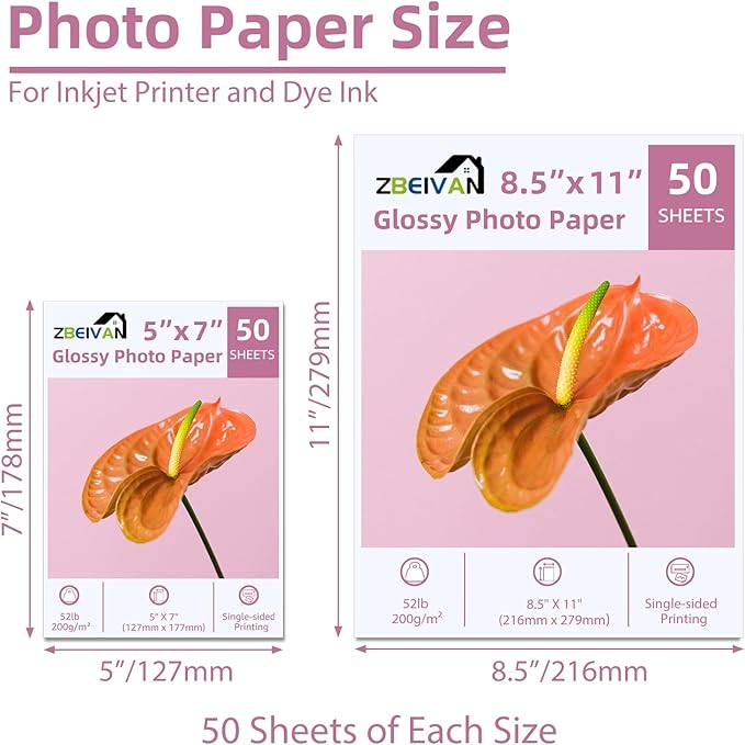 ZBEIVAN Photo Paper 5x7, 8.5x11 inch, Glossy Photo Papers 100 Sheets, 200 GSM Paper for Printer (50 Sheets of each size 5x7, 8.5x11)-DeskLoop Office