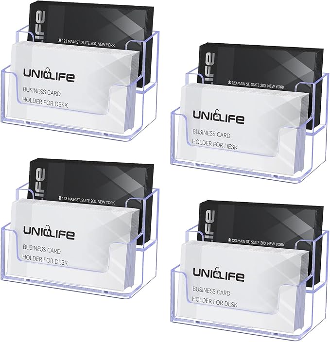 Uniclife 4 Pack Acrylic Business Card Holder for Desk 2 Slots Clear Business Card Display Stand for Men & Women Desktop Business Card Organizer Card Stand for Office Home Exhibition, 120 Card Capacity-DeskLoop Office