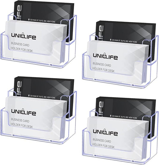 Uniclife 4 Pack Acrylic Business Card Holder for Desk 2 Slots Clear Business Card Display Stand for Men & Women Desktop Business Card Organizer Card Stand for Office Home Exhibition, 120 Card Capacity-DeskLoop Office