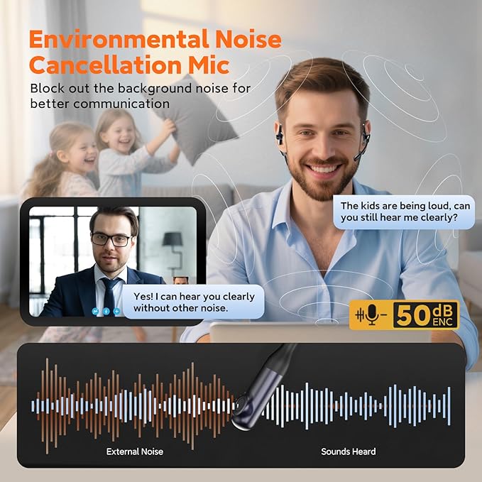 Pilot P200b Pro Wireless Headset with Mic for Work, 50dB Noise Cancelling Headphones with ENC, Bluetooth 5.3 - Wireless Computer Headset for Meetings and Calls-DeskLoop Office