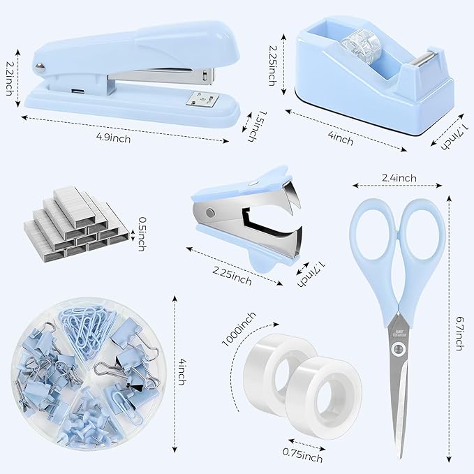 SKYDUE Blue Office Desk Accessories, Blue Office Supplies, Stapler, Tape Dispenser, Scissors, Clips and 1000pcs Staples,Desk Supplies for Women-DeskLoop Office