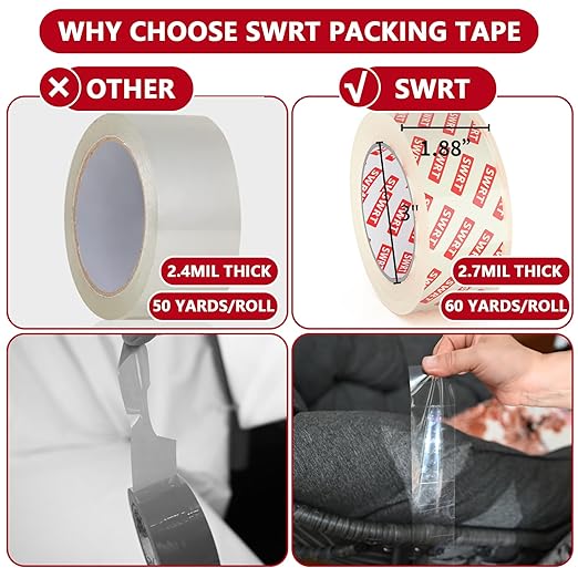 SWRT 2.7Mil Thick Ultra Clear Packing Tape, 24 Rolls Heavy Duty Packaging Tape for Shipping Packaging Moving Mailing, Thicker Sealing Tape-1.88" x 60 Yards Per Roll, 1440 Total Yards-DeskLoop Office