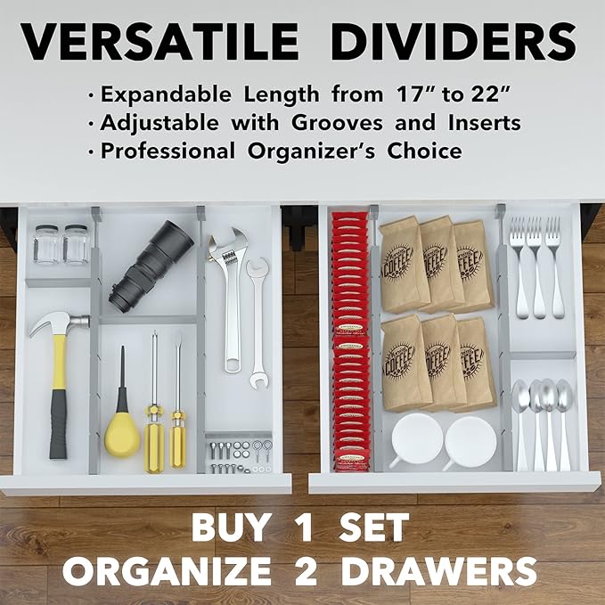 SpaceAid Bamboo Drawer Dividers with Inserts and Labels, Kitchen Adjustable Drawer Organizers, Expandable Organization for Home, Office, Dressers, 4 Dividers with 9 Inserts (17"-22" Gray)-DeskLoop Office