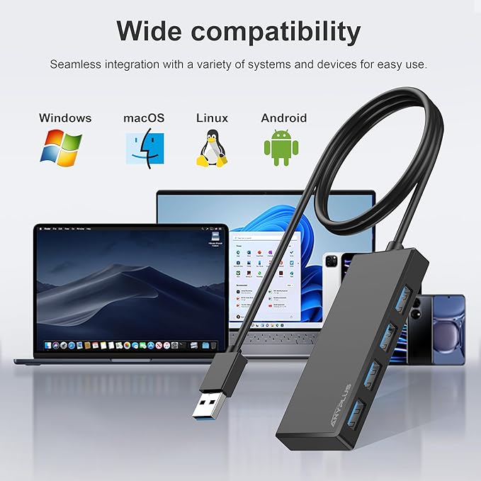 USB Hub, Multiport USB Splitter Adapter, 2 ft Long Cable USB 3.0 Hub, USB Extender for Laptop, PC, iMac, Surface Pro, MacBook, Mac Pro, Flash Drive, XPS, Mouse, HDD-DeskLoop Office