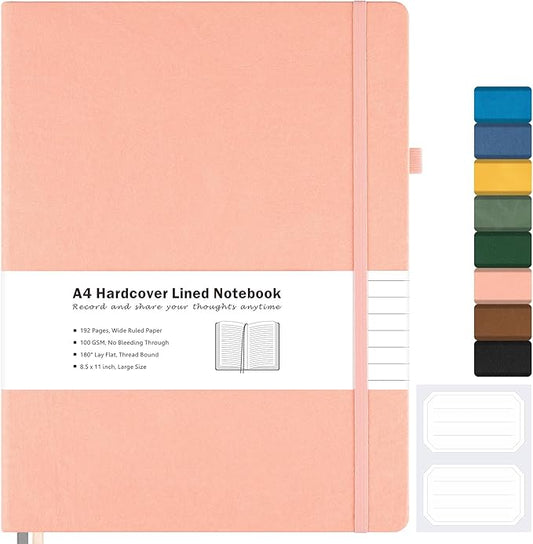 Lined Journal Notebook, 8.5" x 11" Hardcover Leather Notebook for Work, Wide Ruled Notebook Journal for Women Men, 192 Thick Paper, Lay Flat, 2 Pockets, A4 Large Journals for Writing, Pink Notebook-DeskLoop Office