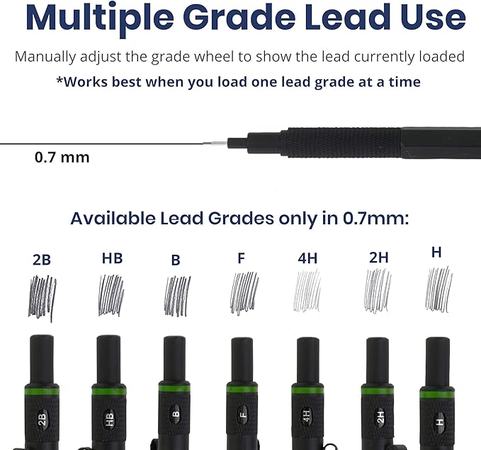 Pacific Arc Chromagraph Metal Mechanical Pencil .7 mm Black Barrel Mechanical Pencil with Built In Lead Pencil Grade Indicator, Lead Pencil Holder for Drafting, Sketching, and Drawing-DeskLoop Office