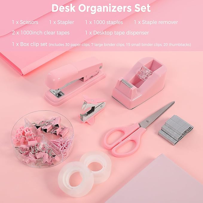 SKYDUE Pink Office Desk Accessories, Pink Office Supplies, Stapler, Tape Dispenser, Scissors, Clips and 1000pcs Staples,Office Supplies for Desk for Women-DeskLoop Office