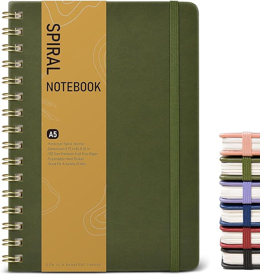 Graph Spiral Journal Notebook, A5 Hardcover Spiral Journals for Women Men, 100 GSM Graph Paper Notebooks, 150 Pages Spiral Bound Grid Notebook for Writing Note Taking Work 5.75" x 8.38" Olive Green-DeskLoop Office