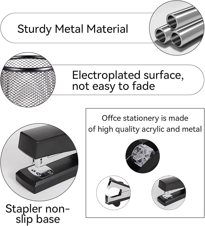 Black Desk Accessories, Office Supplies Set with Stapler, Tape Dispenser, Staple Remover, Pen Holder, Scissor, Binder/Paper Clips, Ballpoint Pen, Clear Tape and 1000pcs Staples-DeskLoop Office