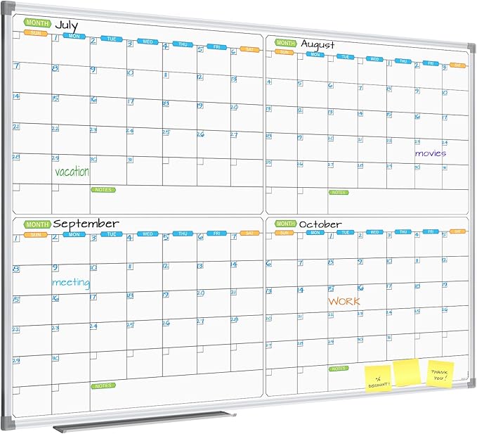 JILoffice Magnetic Dry Erase Calendar Whiteboard, 4 Month White Board Planner 48 X 36 Inch, Silver Aluminum Frame Wall Mounted Board for Office Home and School-DeskLoop Office