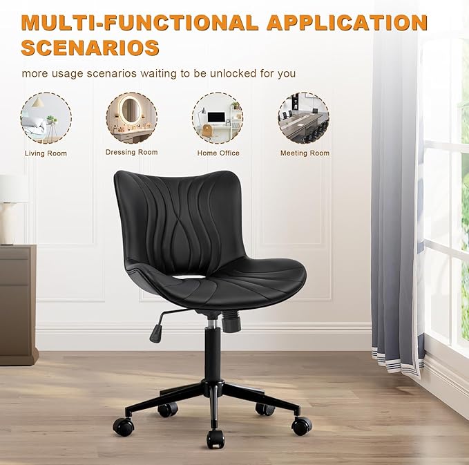Office Chair, Armless Desk Chair with Wheels, Ergonomic Comfy Home Office Computer Task Chairs, Faux Leather Padded Cute Vanity Chair, Adjustable Height Swivel Chair with Back,Black-DeskLoop Office