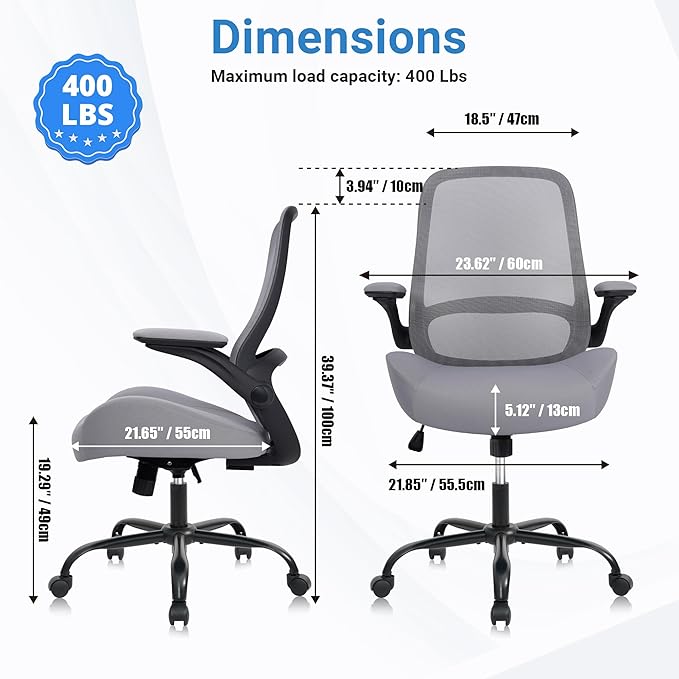 HYLONE Heavy Duty Office Chair, 5" Thickened Seat Ergonomic Desk Chair with Adjustable Armrests, Home Office Computer Chairs for Long Hours Mesh Executive Chair(Dark Grey)-DeskLoop Office