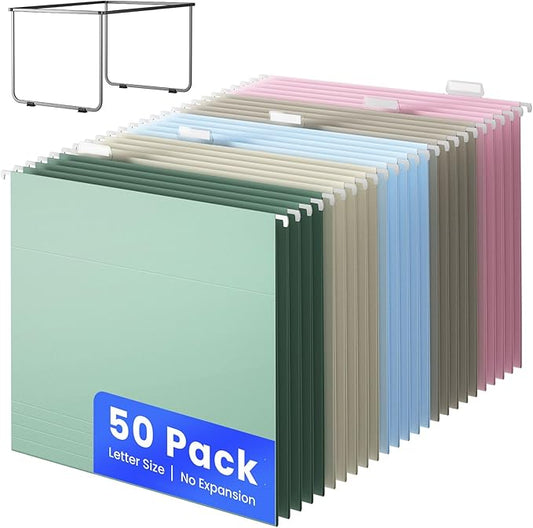 Hanging File Folders Letter Size, 50 Pack File Organizer Folders, 1/5-Cut Tabs with Hanging File Folder Frame, Heavy Duty No Extension, Stay Organized for Your Home and Office Bulk File.-DeskLoop Office
