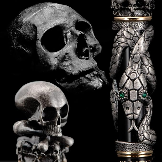 Jinhao Black Snake Fountain Pen Extra Fine Nib Retro Style with Skull Head Solid Metal and Paper Pen Case Set-DeskLoop Office