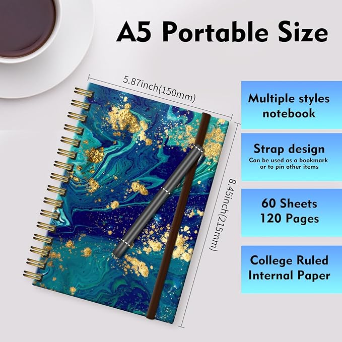 Spiral Journal Notebook, A5 Cute Notebooks for Women Men, College Ruled Hardcover Notebook for Work & Note Taking, 60 Pages Double-Wire Journals for Writing, Ocean Marble-DeskLoop Office
