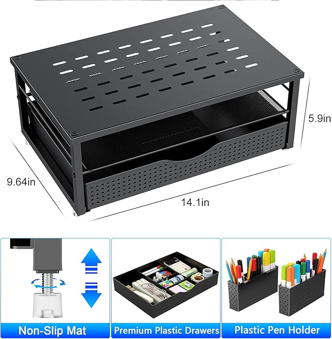 gianotter Desk Organizers and Accessories, Monitor Stand with Drawer and 2 Pen Holder, Desktop Organizer Suitable for Offices and Dormitories (Black)-DeskLoop Office