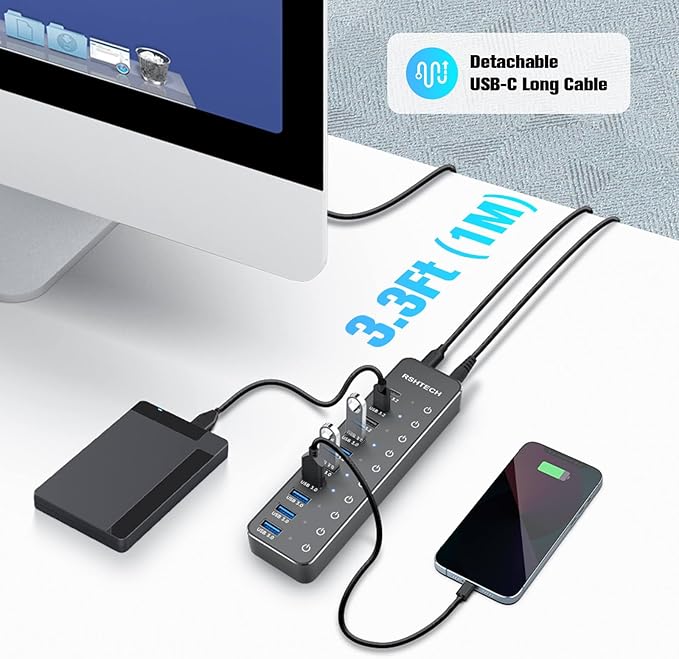 Powered USB Hub, RSHTECH 10-Port USB 3.2/USB C Hub 60W with 10Gbps USB-A 3.2, 2 USB-C 3.2, 7 USB 3.0 Ports, Individual Touch Switches and 3.3ft Cable, Hybrid USB Splitter for Laptop/PC, RSH-ST10C-DeskLoop Office