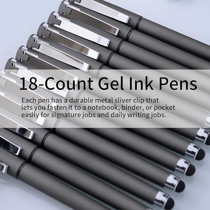 MiSiBao 0.7mm Black Ink Gel Ink Rollerball Pens 2 in 1 Medium Point Pens with Stylus Work Pen Smooth Writing for Office Black gel pen (Dark Grey-18pack)-DeskLoop Office