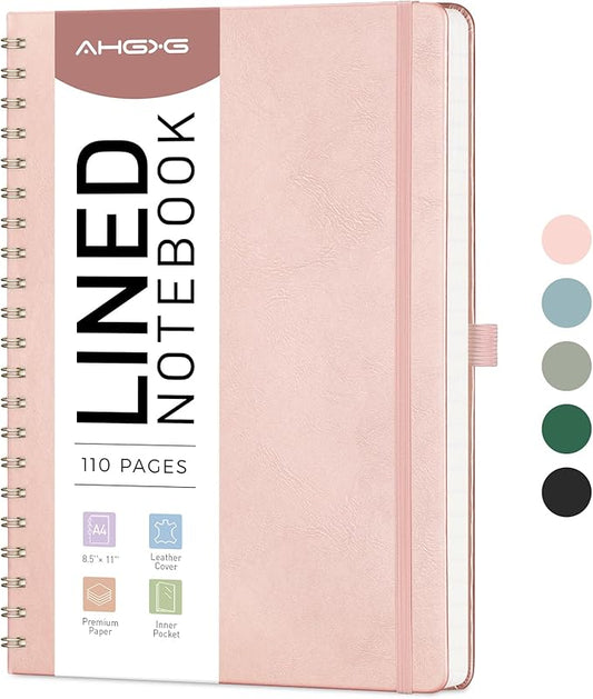 AHGXG Lined Spiral Notebook 8.5" x 11", A4 Large Notebook Journals for Women Men, Leather Hardcover, 100 GSM Thick College Ruled Paper, Notebooks for Work School Note Taking Writing, Rose Gold-DeskLoop Office