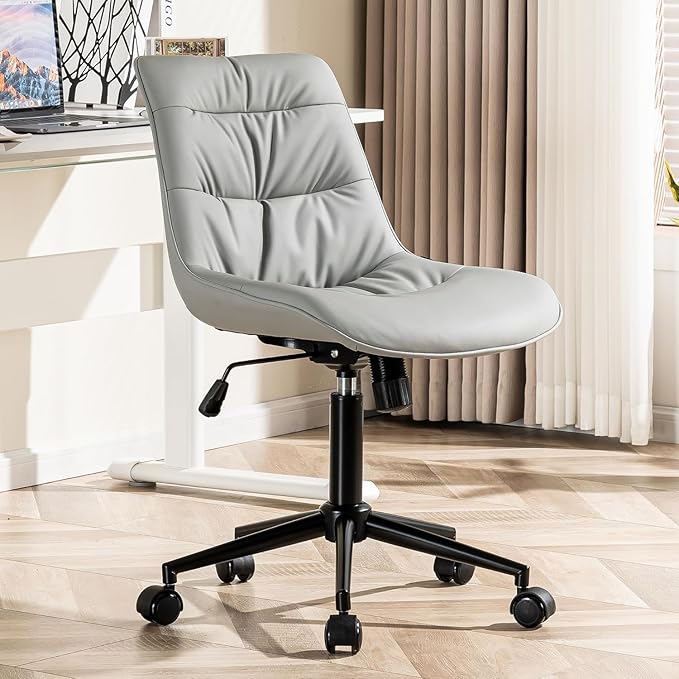 Kidol & Shellder Faux Leather Office Chair, Adjustable Swivel Height Task Chair, Rolling Wheels & Soft Backrest - Armless Ergonomic Desk Chair for Home, Office,Vanity,Gaming(Gray)-DeskLoop Office