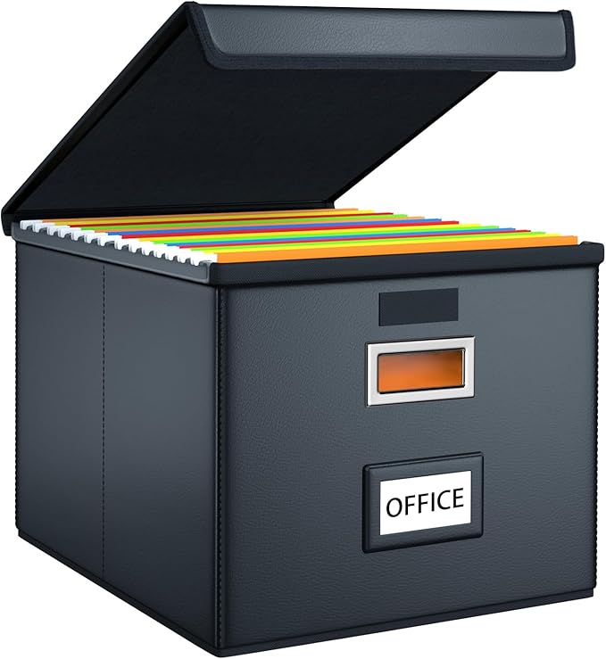 Huolewa File Organizer Box with Lid, Collapsible Faux Leather Hanging File Folder Box Organizer with Plastic Slides, Decorative Home/Office Filing System Boxes for File and Folders Storage-DeskLoop Office
