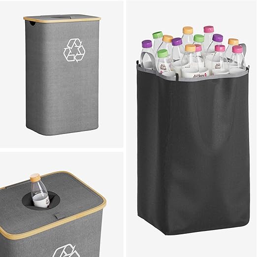 SpaceAid Recycling Bin for Kitchen 26 Gallon, 100L Recycle Bin with Lid and 2 Reusable Inner Bags, for Bottle Can Glass Plastic Stickers, Grey-DeskLoop Office