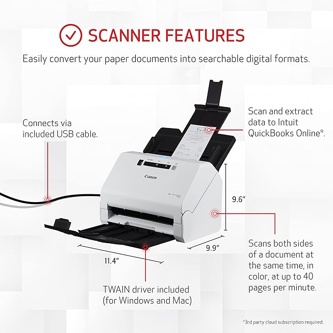 Canon imageFORMULA R40 Office Document Scanner Receipt Edition, for PC and Mac, Scan & Extract Data to QuickBooks Online, Color Duplex Scanning, Auto Document Feeder, Easy Setup for Office Or Home Use-DeskLoop Office
