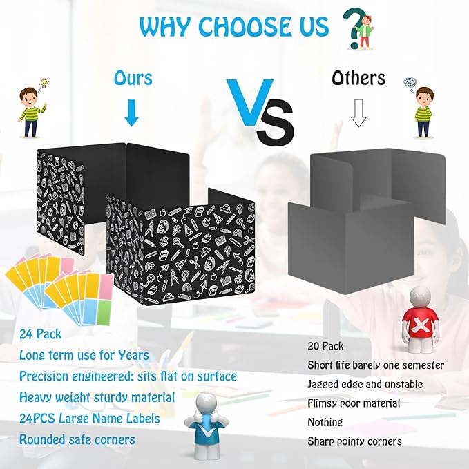 24 Pack Black Printing Privacy Floders for Student Desks - Durable Plastic Erasable - Testing Dividers for Classroom - Easy Clean Privacy Shields for Student - Includes Extra Labels-DeskLoop Office