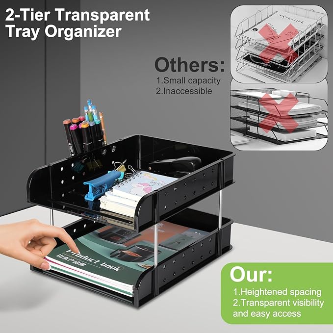 Stackable Letter Tray Papers Organizers, A4 Size Desk Organizer Tray for Letter Paper Stationery Desk Accessories, Plastic Black Paper Holder File Organizer for Office, School, Home (Dark Black)-DeskLoop Office